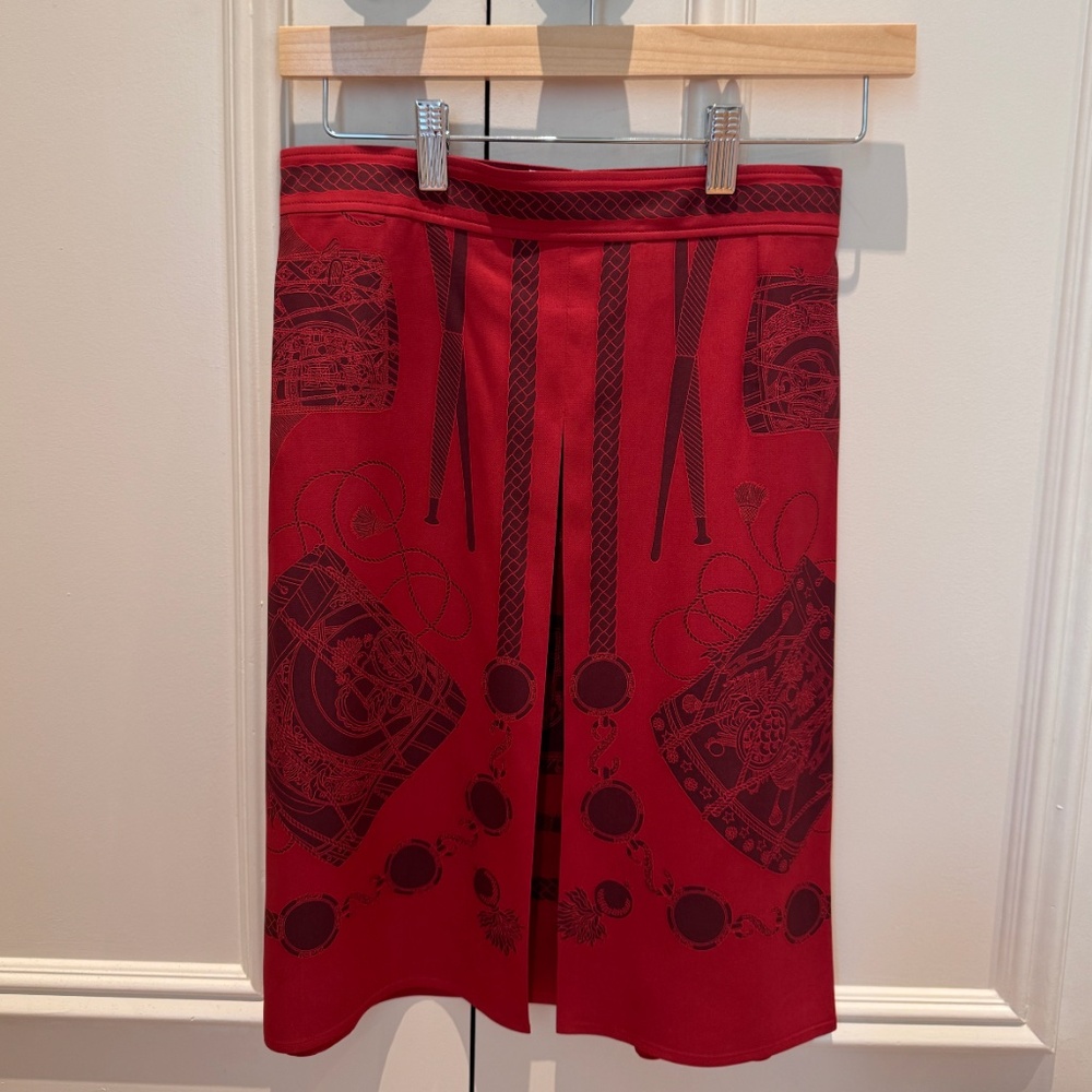 Hermes red print silk midi skirt size 34